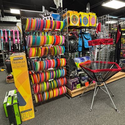 One rack of discs (2-sided), some baskets, starter sets, and ultimate discs