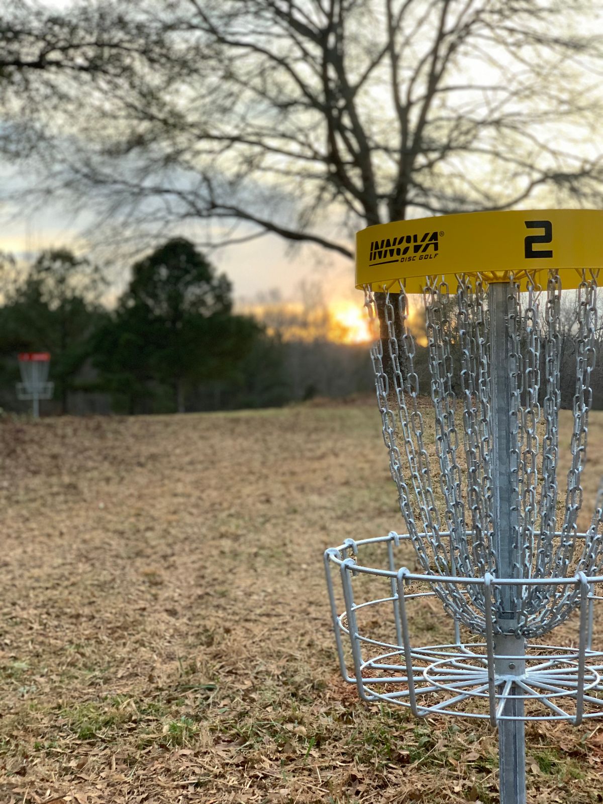 Hole 2 baskets winter sunset