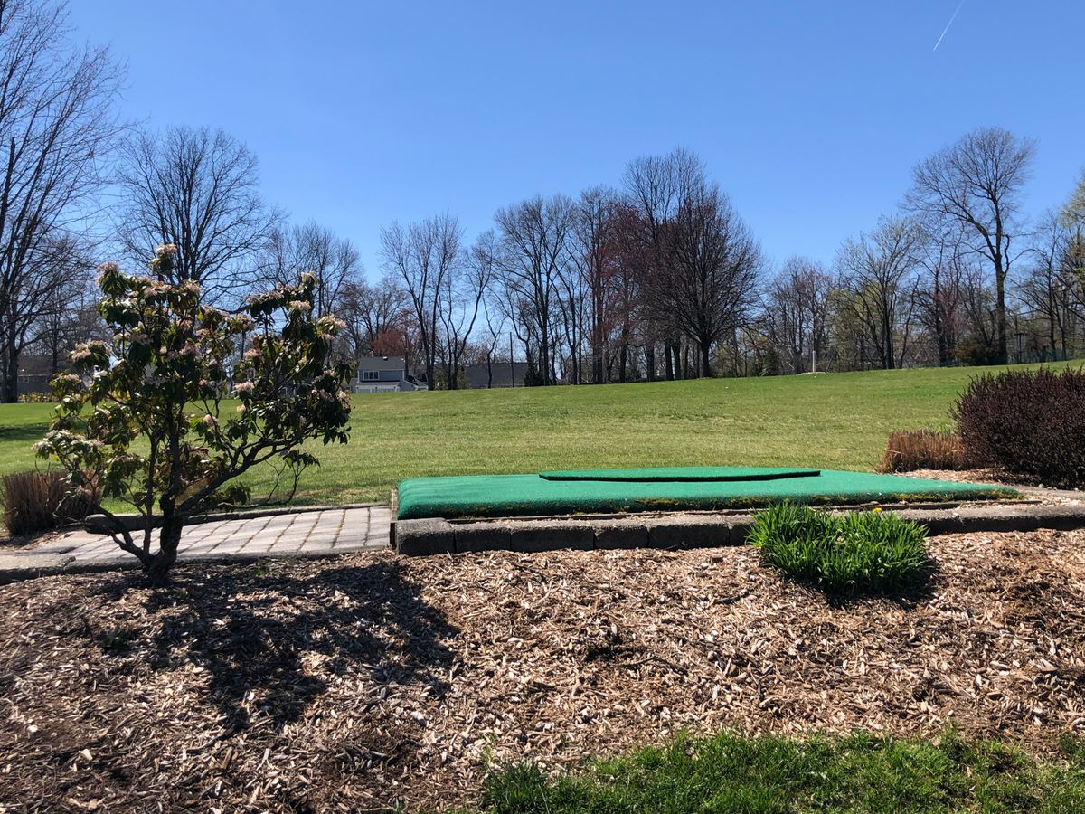 Hole 8 tee.  Uphill par 4.  Basket among trees at top of hill to the right.