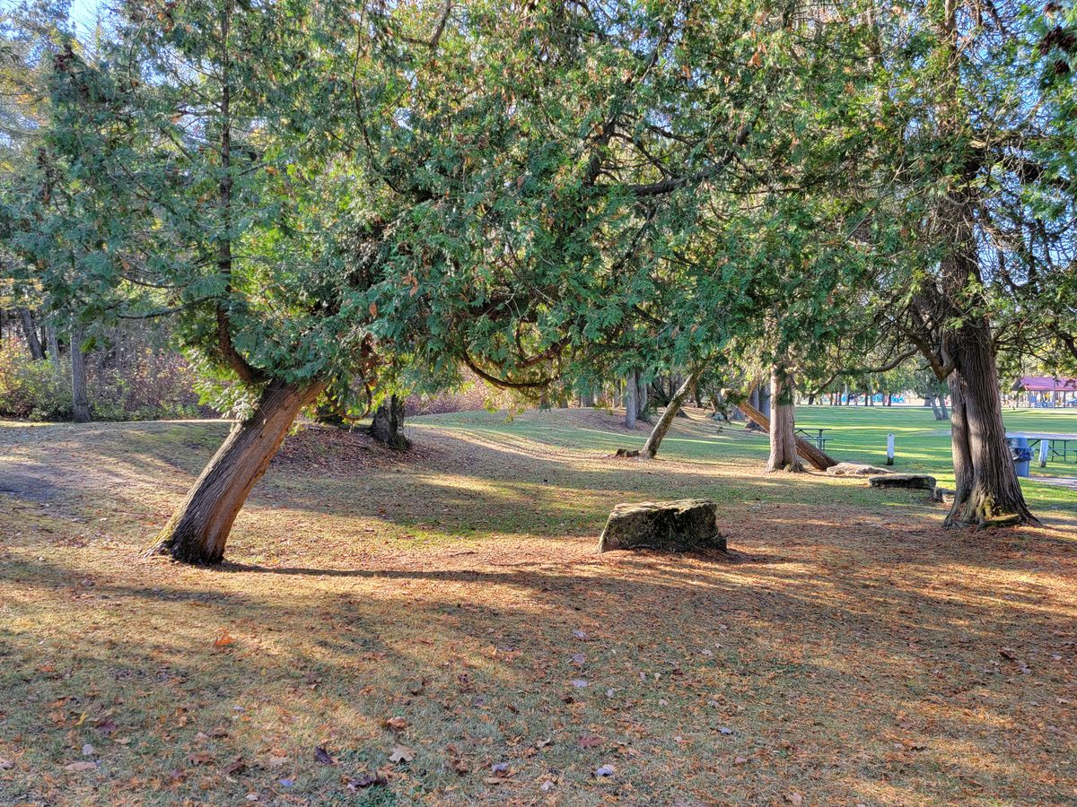 Putting area after hole 4, elevation, rock structures, picnic tables and alternate parking area when the beach is busy.