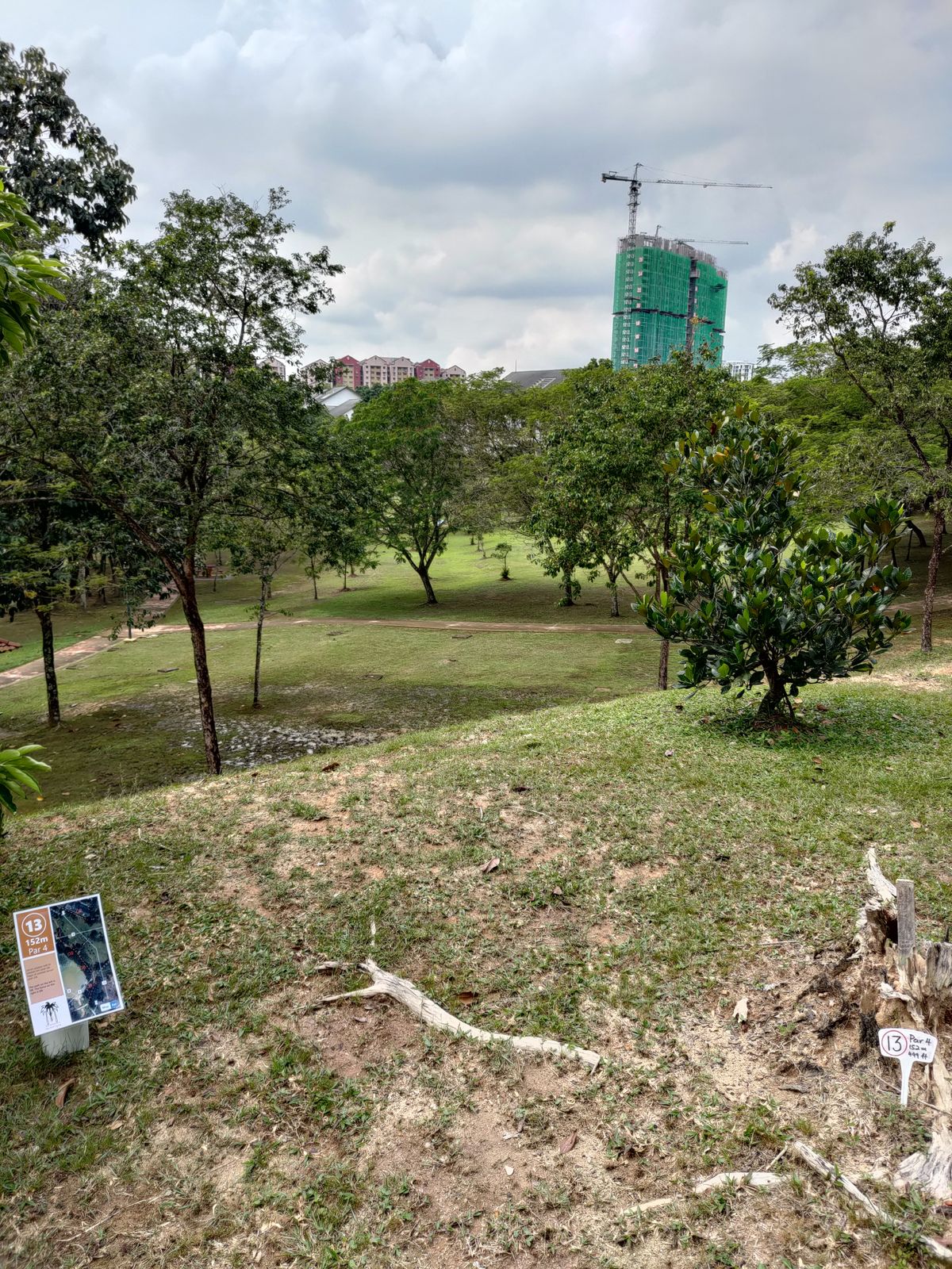 Longest hole. Aim to go over the trees beyond the second path.