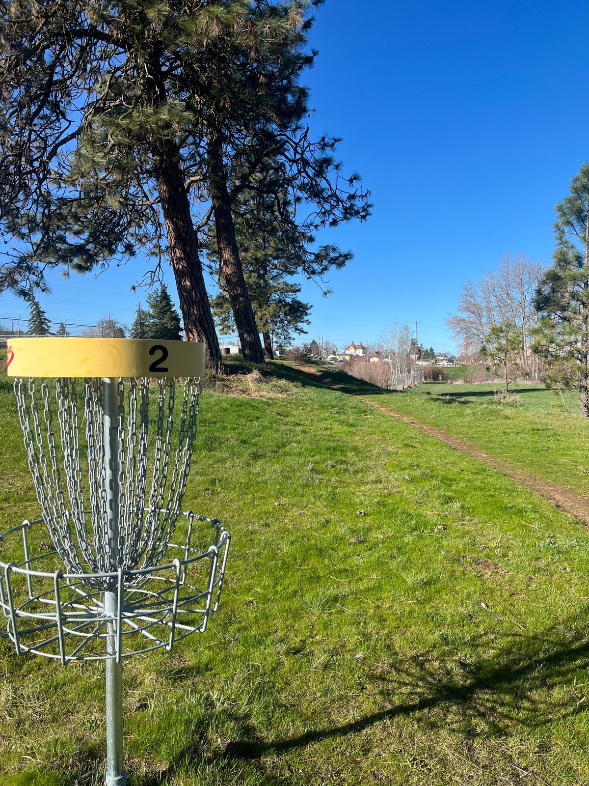 Looking back toward the tee pad with the mound in the left