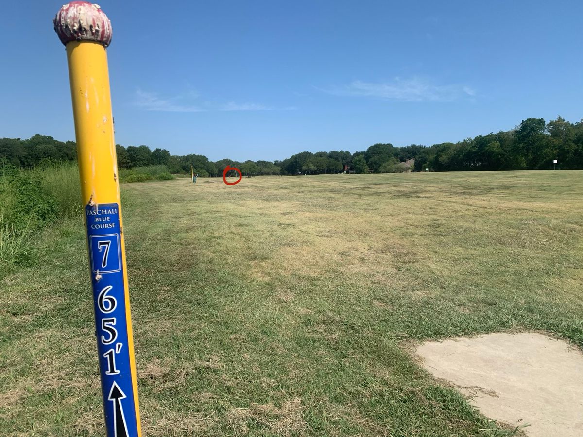Hole 7. Blue Tee. 651 FT. Longest hole on course. Long straight booming shot. Need a Monster drive.