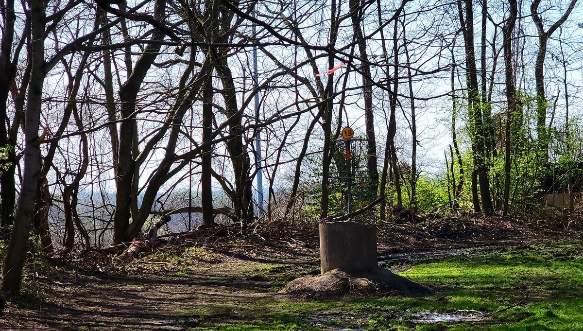 A couple elevated baskets using concrete pylons