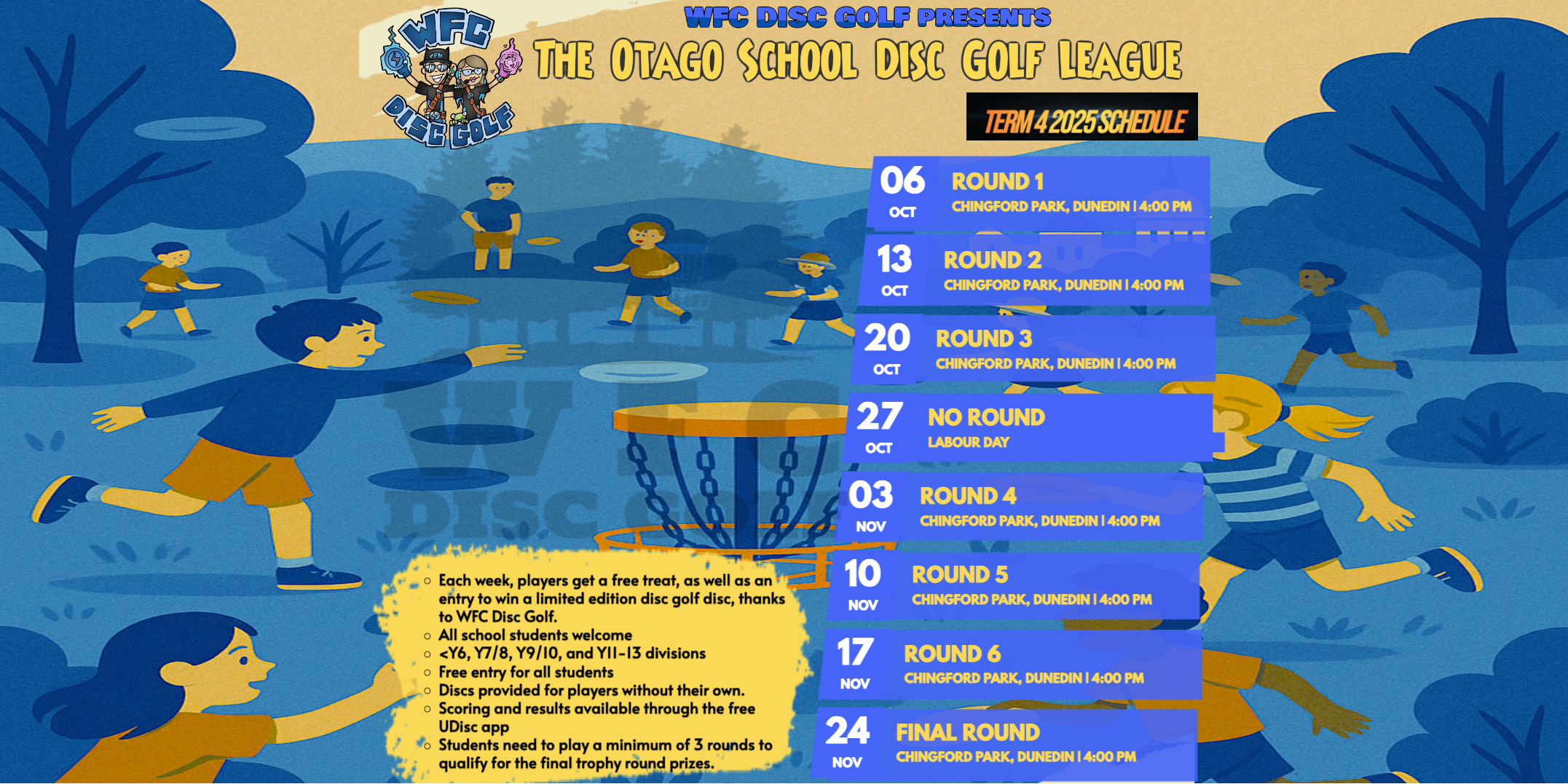 Otago School Disc Golf League - WFC - OTAGO SCHOOL DISC GOLF LEAGUE - Term 4, 2025 - Presented by WFC Disc Golf.